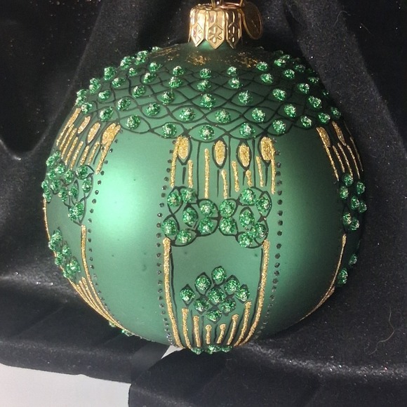 2 Vintage Dept 56 Poland Glass Ornaments Green Gold Glitter Embellished Elegant - Picture 2 of 16